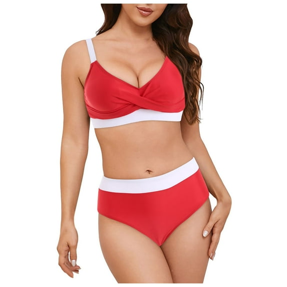 Gubotare Women's High Cut Bikini Set 2 Piece Sporty Swimsuit Color Block Bathing Suit with Trim S-XXL,Red L