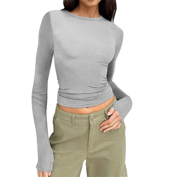 Gubotare Women's Long Sleeve Shirts 2025 Fall Going Out Tops Casual Boat Neck Bell Sleeve Ribbed Ruched Y2K Clothes Tunics Tops for Women (Grey,XS)