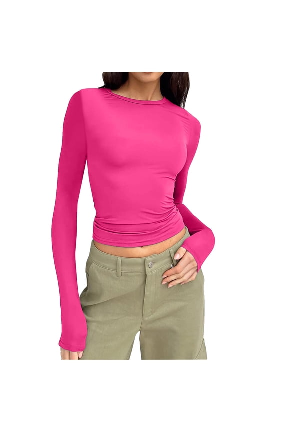 Women's Long Sleeve Tops Crew Neck V-Neck Women's Underscrub Tee Long Sleeve T-Shirt (Hot Pink,M)