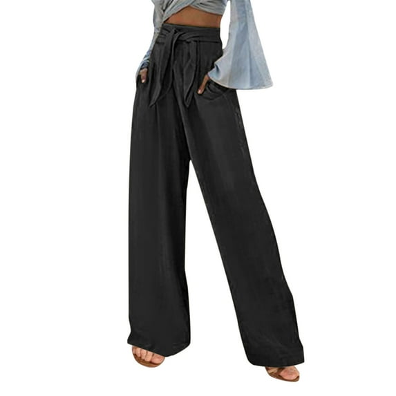 Gubotare Women's Pants Casual Loose High Waist Drawstring Wide Leg Capri Palazzo Pants Trousers with Pockets (Black,S)