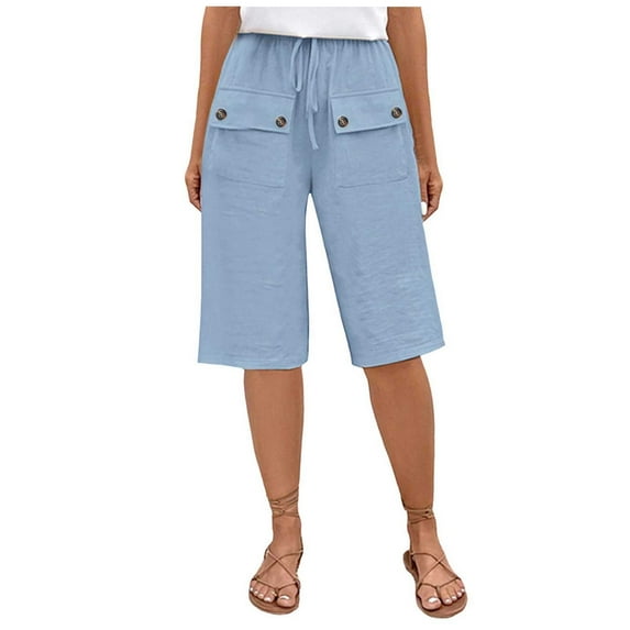 Gubotare Women's Pull-On Bermuda Short Cargo Shorts Knee Length Pockets Elastic Waist Long Shorts for Summer Casual,Blue XL
