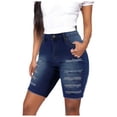 thumbnail image 1 of Gubotare Women's Ripped Denim Destroyed Mid Rise Stretchy Bermuda Shorts Jeans (Dark Blue,Size L), 1 of 9