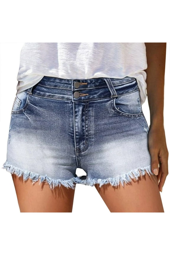 Women's Ripped Denim Shorts Stretchy High Waist Frayed Raw Jean Shorts Distressed Teen Girls Casual Summer Hot Pants Navy XXL