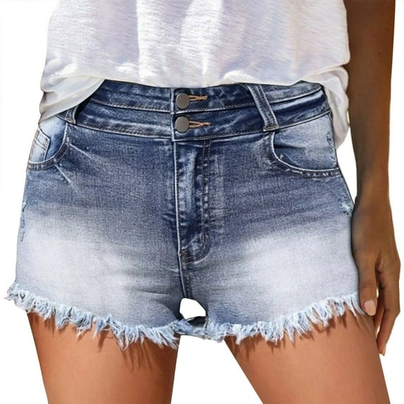 Gubotare Women's Ripped Denim Shorts Stretchy High Waist Frayed Raw Jean Shorts Distressed Teen Girls Casual Summer Hot Pants Navy XXL