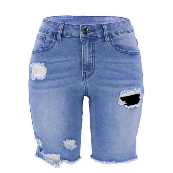 Gubotare Women's Ripped Mid-Rise Denim Bermuda Shorts Frayed Raw Hem Stretch Jean Shorts (Light Blue,Size L)