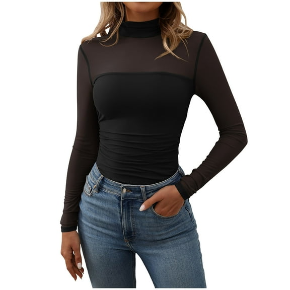 Gubotare Women's Sexy Sheer Long Sleeve Tops Crew Neck Mesh Ruched Going Out Shirts Blouse Date Night Outfits (Black,L)