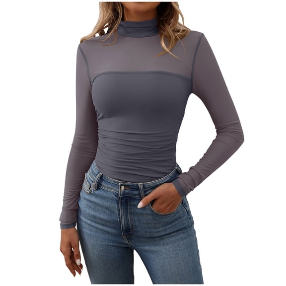 Gubotare Women's Sexy Sheer Long Sleeve Tops Crew Neck Mesh Ruched Going Out Shirts Blouse Date Night Outfits (Grey,S)