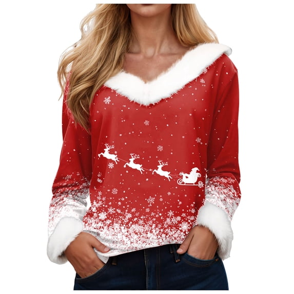 Gubotare Women's Sparkle Graphic V Neck Fur Trim Tops Casual Loose Sweatshirts Long Sleeve Christmas Pullover Funny Xmas Tops Women (Pink,L)