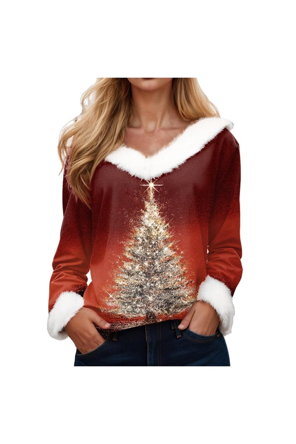 Women's V-Neck Graphic Tops Christmas Sweatshirts Women's Oversized Sweatshirt (Hot Pink,XL)