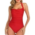 thumbnail image 1 of Gubotare Womens Bathing Suits Tummy Control Tummy Control Swimsuits Women V Neck One Piece Bathing Suit Ruched Push Up Swimwear Built-in Bra (Red,M), 1 of 6