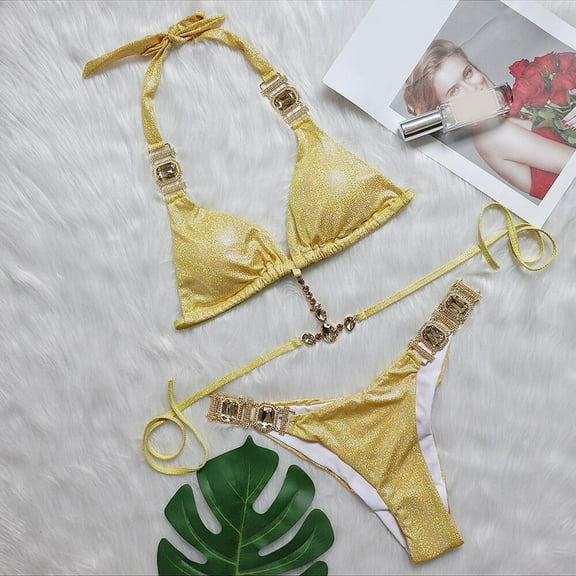 Gubotare Womens Bikini Set Women Two Piece High Waisted Bikini Set Swimsuits Push Up Halter Tummy Control Bottoms Bathing Suits,Gold L