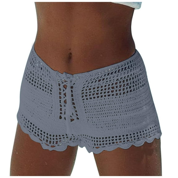 Gubotare Womens Crochet Cover Up Shorts Hollow Out High Waist Knit Bathing Suit Bikini Swimsuit Tie Front Sheer Beach Shorts (Grey,Size M)