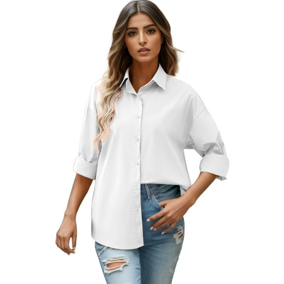 Gubotare Womens Long Sleeve Shirts V Neck Collared Button Down Shirt Tops (White,XXL)