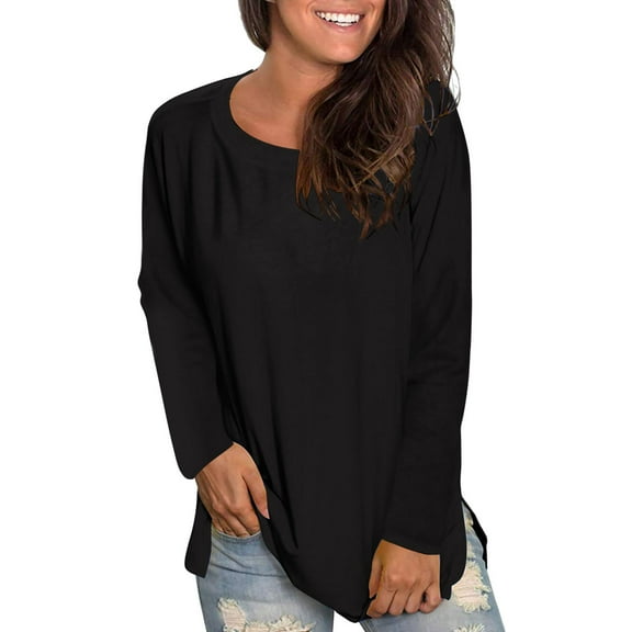 Gubotare Womens Long Sleeve Shirts Womens Tops Casual Long Sleeve Shirts with Kangaroo Pocket Side Split,Black L