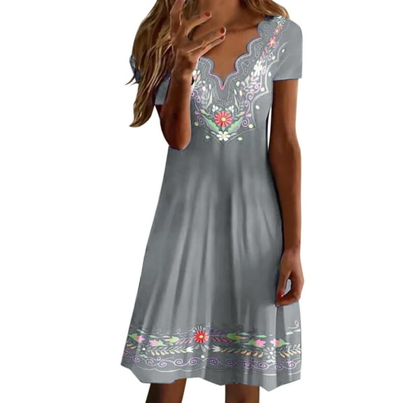 Gubotare Womens Summer Dress 2024 Mexican Dress Casual V-Neck Flower Print Short Sleeve V-neck Bohemian Mini Dress,Gray XL
