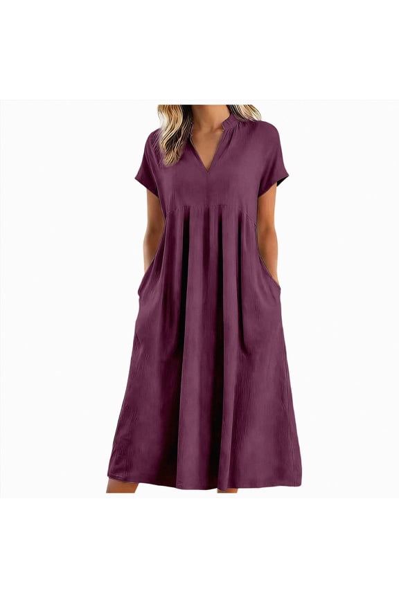 Womens Summer Dress c Sleeve V Neck Midi Dresses Fashion Casual Fit Flowy Tiered Boho Beach Vacation Sundress (Wine,XL)