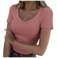 thumbnail image 1 of Gubotare Womens Summer Short Sleeve V Neck Double Lined Basic Slim Fit Crop T Shirt (Pink,XL), 1 of 5
