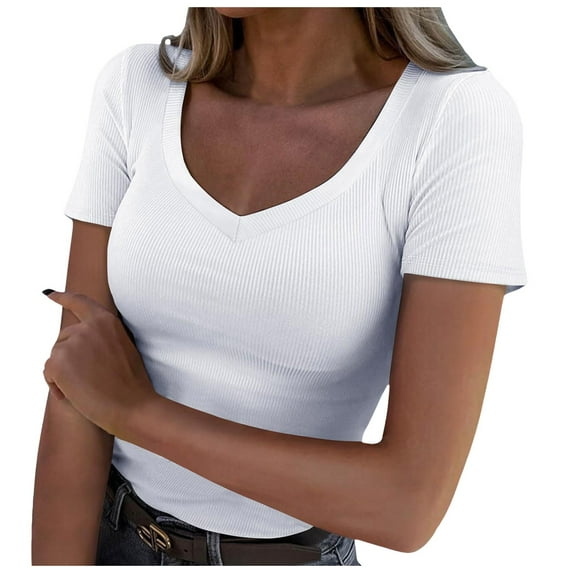Gubotare Womens Summer Short Sleeve V Neck Double Lined Basic Slim Fit Crop T Shirt (White,S)