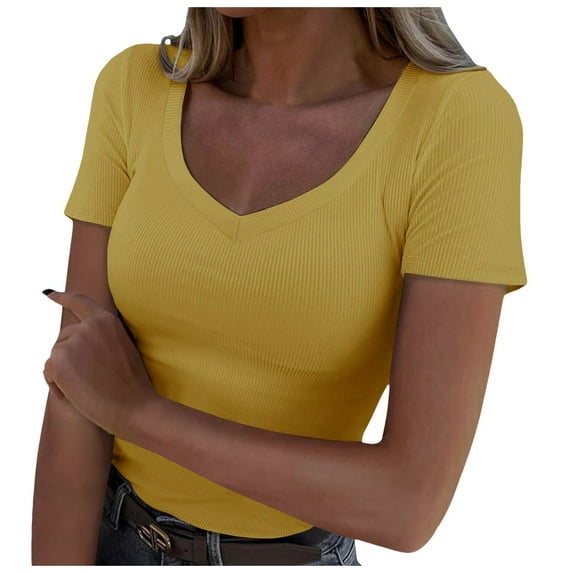 Gubotare Womens Summer Short Sleeve V Neck Double Lined Basic Slim Fit Crop T Shirt (Yellow,L)