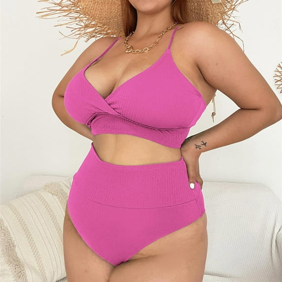 Gubotare Womens Swimsuits Women's High Cut Bikini Sets Ribbed V-Wire Cami Bikini Two Piece Swimsuit,Hot Pink 4XL