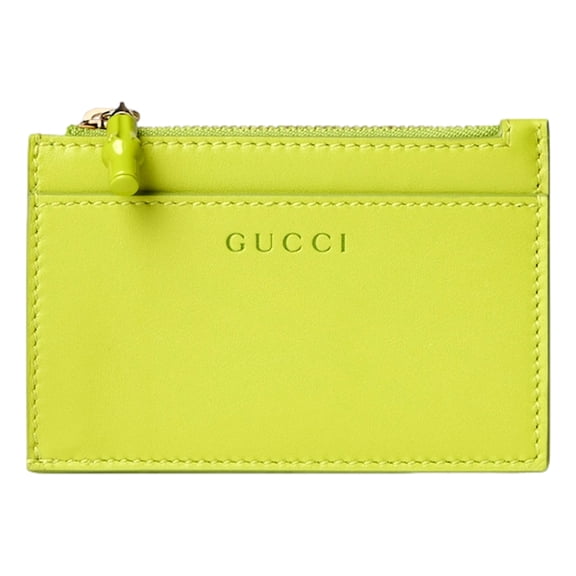 Gucci Bamboo Series Lime Green Leather Zipper Card Holder Wallet