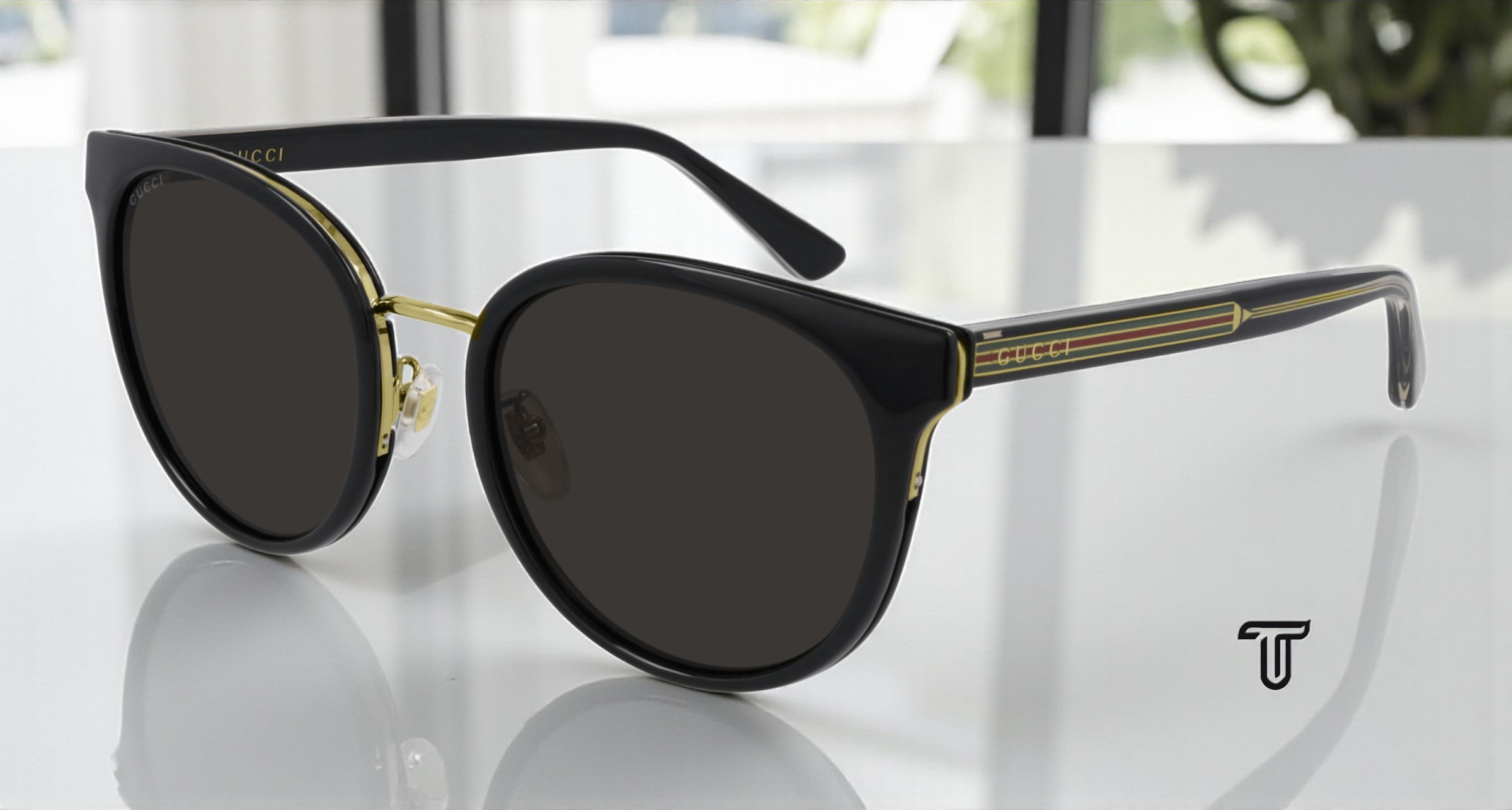 GUCCI GG0850SK 001 Black Shiny Grey Round Oval Panthos 56 mm Women's Sunglasses