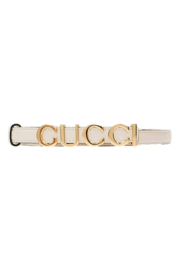 Cream Leather Belt with Metal Gold Logo Lettering Size 85