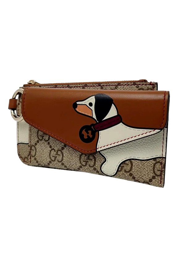 Dachshund GG Supreme Canvas Card Holder Wallet with Wrist Lanyard  Brown Leather Trim  Animal Motif Snap Zip  Made in Italy  Includes Box & Authenticity Cards