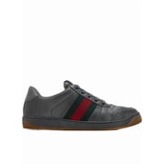 Gucci Dark Grey Perforated Leather Sneaker With Green And Red Striped Detail Black Men's