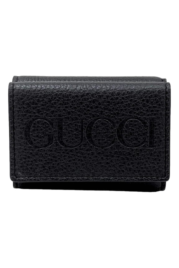 Embossed Logo Mini Tri-Fold Wallet Black Pebbled Leather