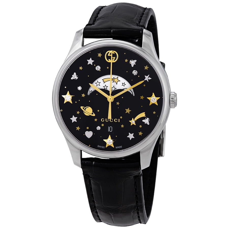 Gucci G-Timeless Black Diamond Dial Leather Strap Women display picture 1