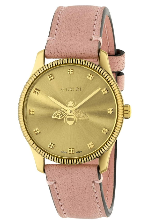 G-Timeless Yellow Gold PVD Gold Dial Pink Leather Strap Quartz Womens Watch YA1265041