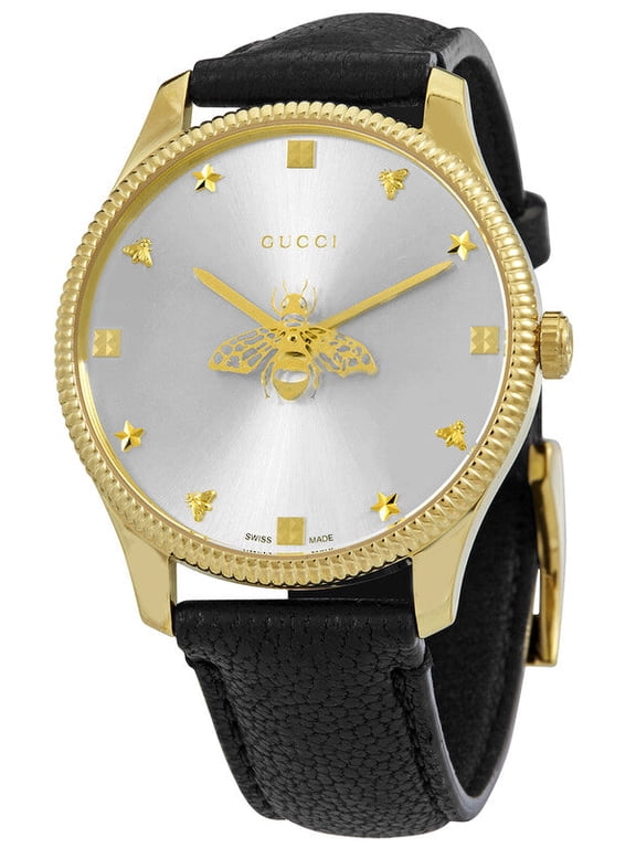 G-Timeless Yellow Gold PVD Silver Dial Black Leather Strap Quartz Womens Watch YA1264181