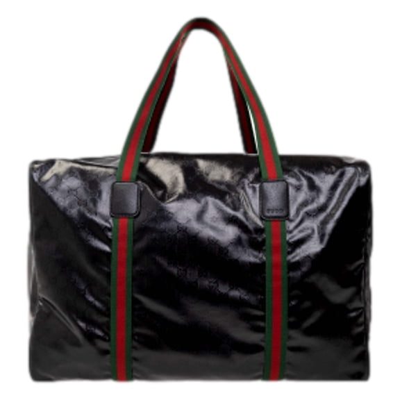 Gucci GG Duffle Maxi Web Strap Black Glossy Calfskin Leather Duffel Bag Luxury Travel Weekender with Adjustable Strap