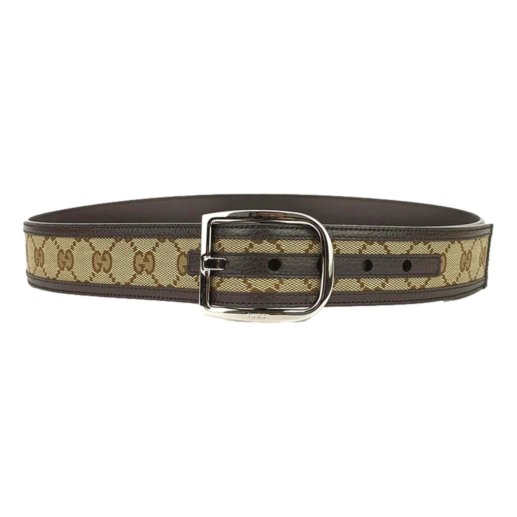 Gucci GG Canvas Brown Leather Palladium Buckle Belt 95/38 449716