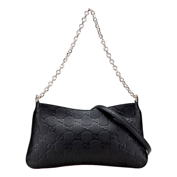 Gucci GG Emblem Black Embossed Leather Shoulder Bag Chain and Leather Straps Gold Hardware Made in Italy New