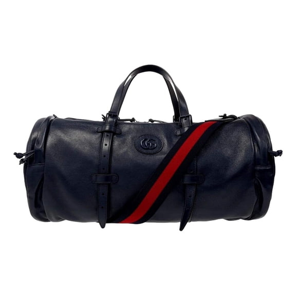 Gucci Buffalo Leather GG Logo Duffle Tote with Strap, Deep Blue