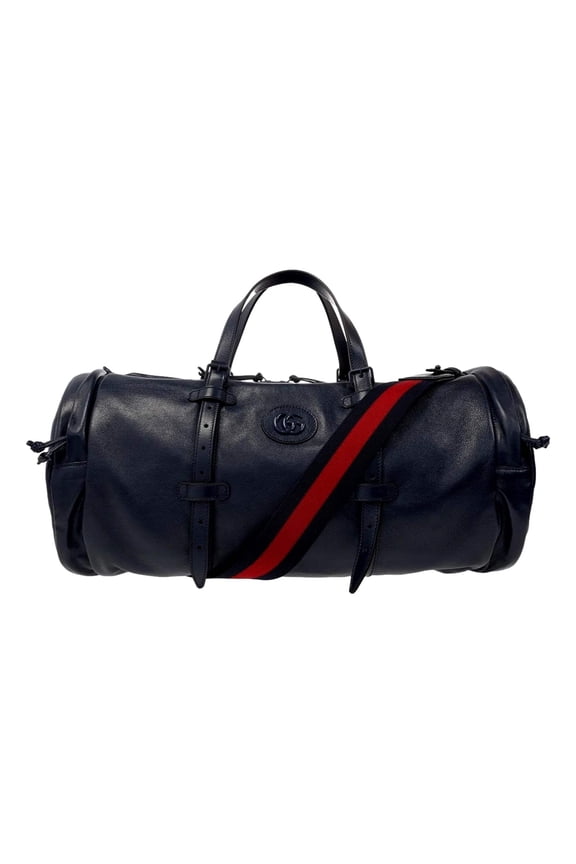 Buffalo Leather GG Logo Duffle Tote with Strap, Deep Blue