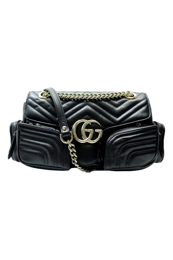 GG Marmont Dual Compartment Black Matelass Leather Shoulder Bag Gold GG Logo Chain Strap Designer Handbag
