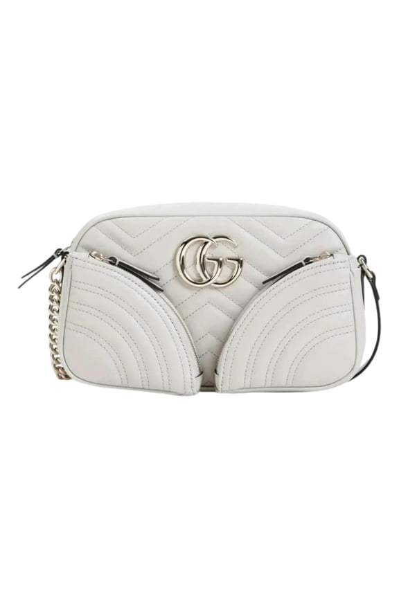 GG Marmont Dual Compartment Shoulder Bag Gray Matelass Chevron Quilted Leather Gold Double G Chain Strap Designer Handbag NEW