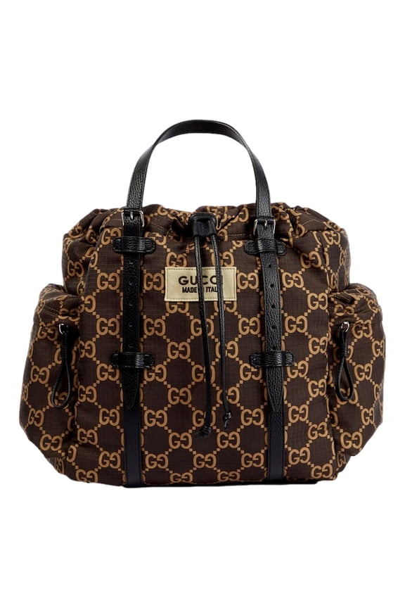 GG Monogram Utility Tote Bag Brown Ripstop Canvas Leather Trim Drawstring Top Large Shoulder Tote Made in Italy