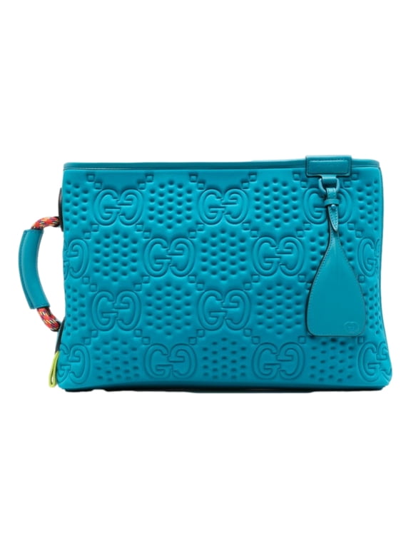 GG Scuba Rubber Effect Pouch Clutch Bag Blue Embossed Monogram Top Zip Made in Italy New
