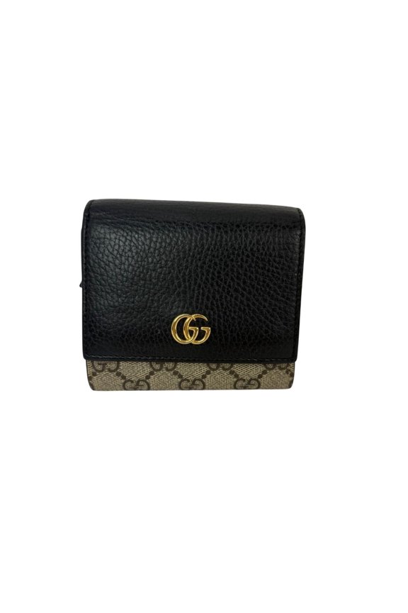Pre-Owned Gucci GG Supreme Compact Black Leather Wallet