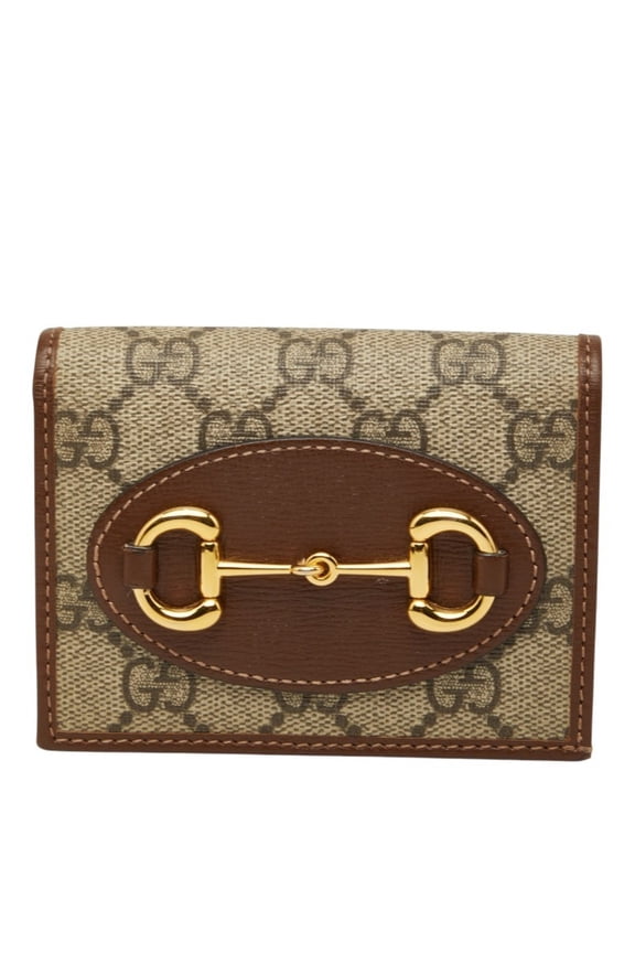 Pre-Owned Gucci GG Supreme Horsebit 1955 Bi-fold Wallet Compact 621887 Beige Brown Leather...