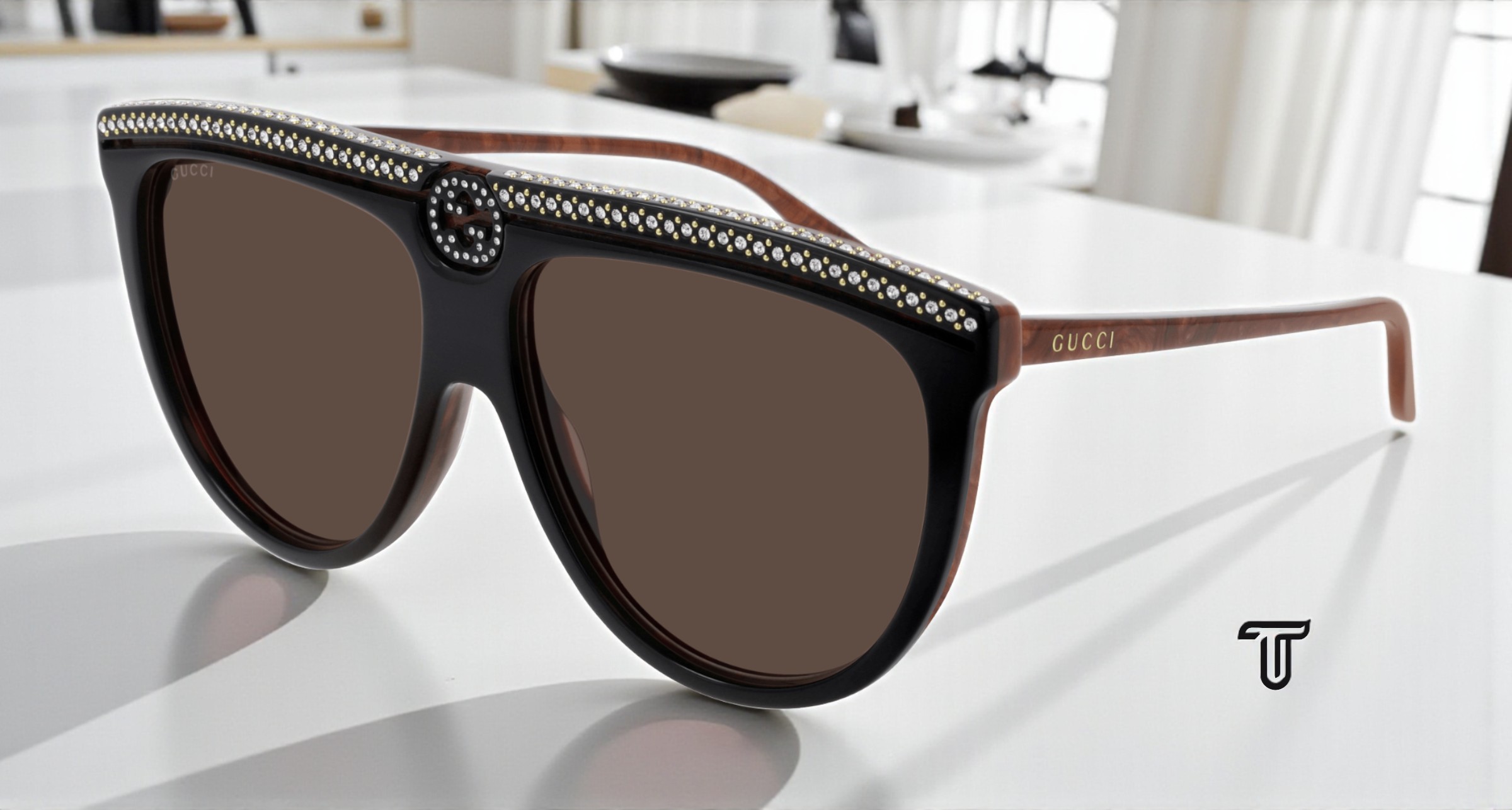 GUCCI GG0732S 005 Aviator Acetate Black Shiny Brown 61 mm  display picture 1