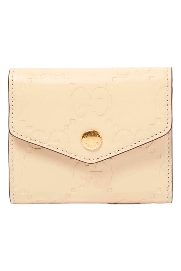 Gilbert GG Embossed Beige Calf Leather Trifold Wallet Gold Logo Snap Coin Wallet Card Holder Made in Italy