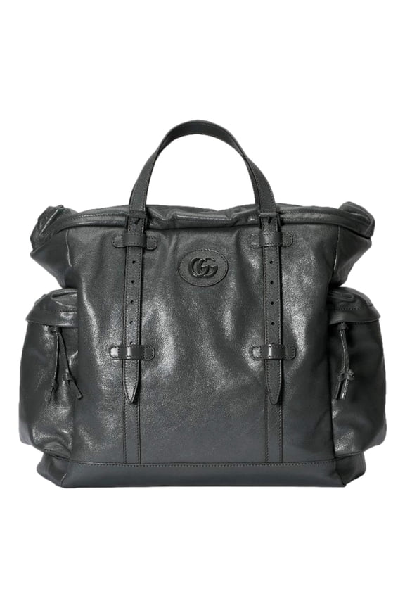 Gray Leather Drawstring Tote Bag With Tonal Double G Logo