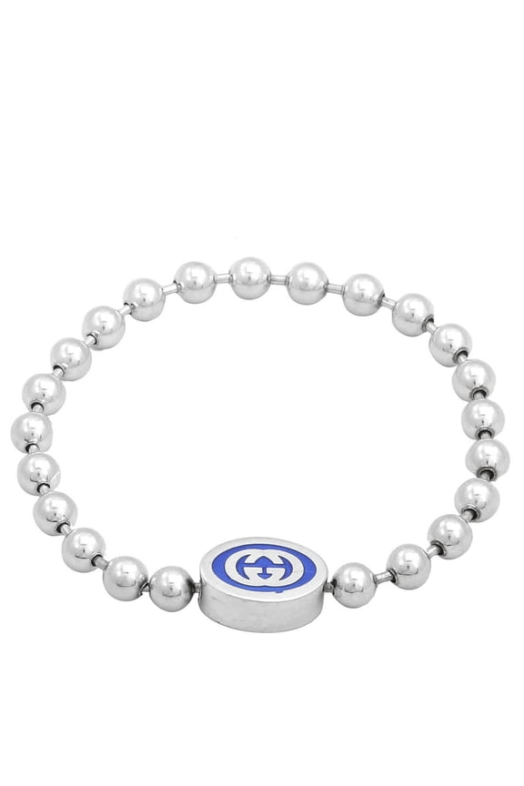 Interlocking G Boule Chain Sterling Silver Blue Enamel Bracelet, Size 17