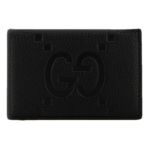 Gucci Jumbo GG Black Leather Card Holder Wallet Embossed Logo New