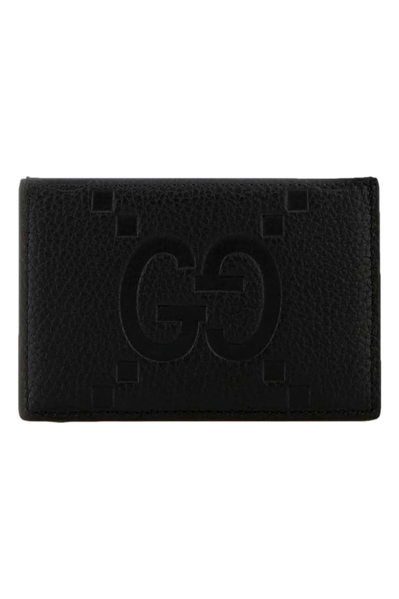 Jumbo GG Black Leather Card Holder Wallet Embossed Logo New